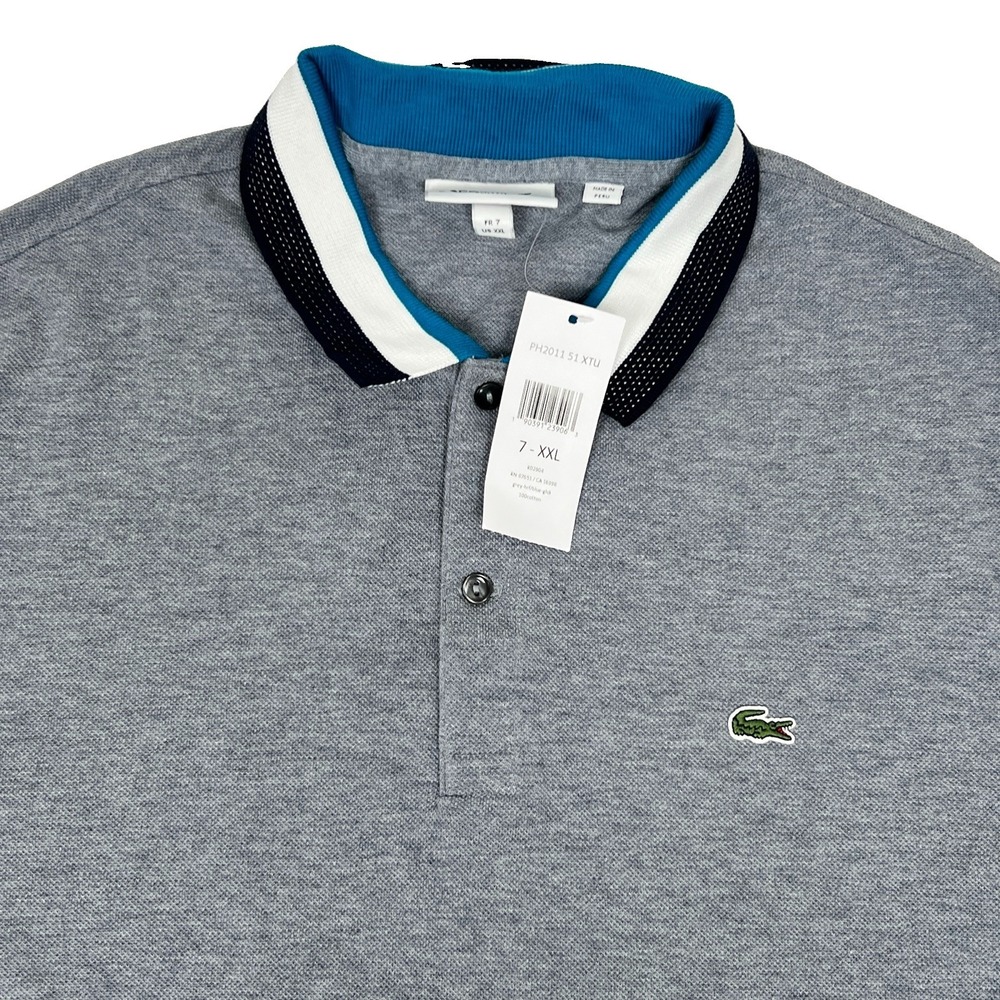 Lacoste Matte Piping Slim Fit Petit Pique Polo Shirt Grey/Blue 7/XXL